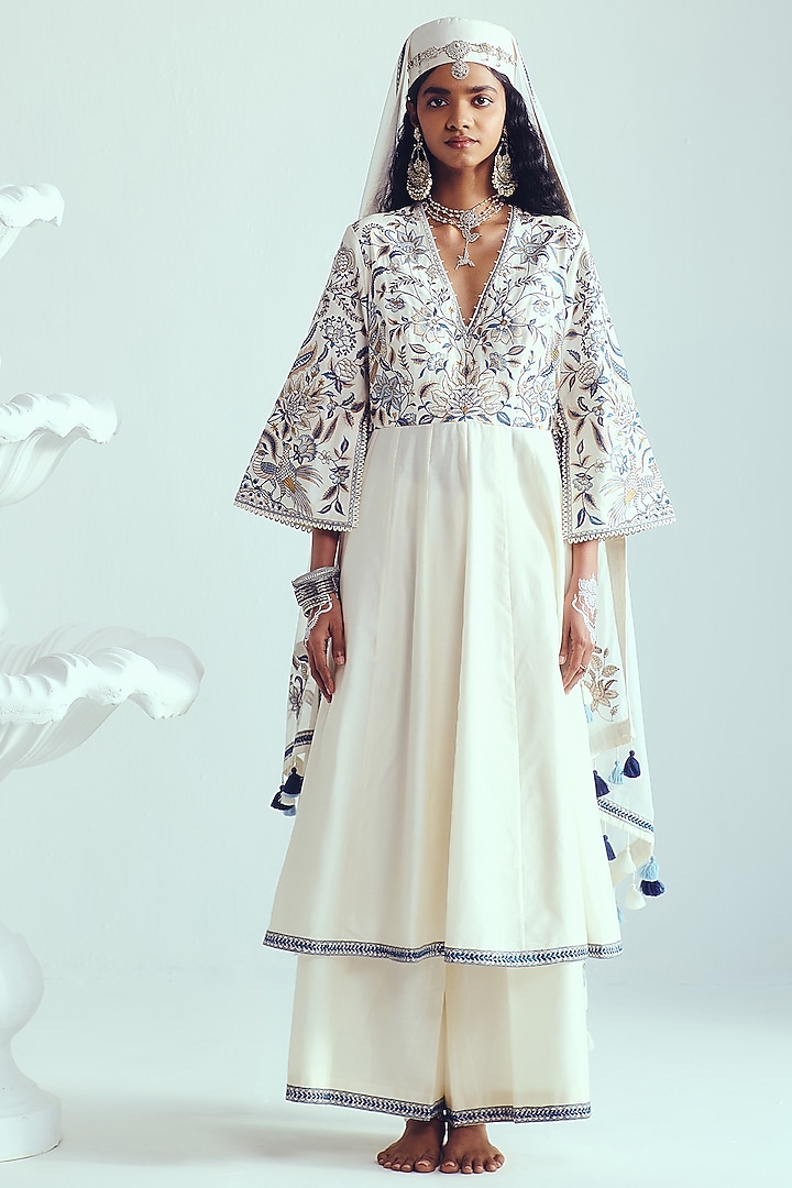 Ivory Chanderi Handloom Resham Embroidered Wedding Anarkali Set by Wabi Sabi at Pernia's Pop Up Shop
