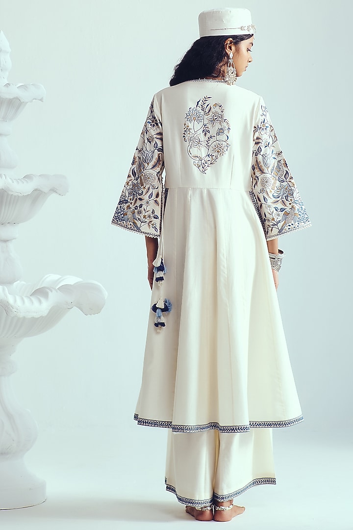 Ivory Chanderi Handloom Resham Embroidered Wedding Anarkali Set by Wabi Sabi at Pernia's Pop Up Shop