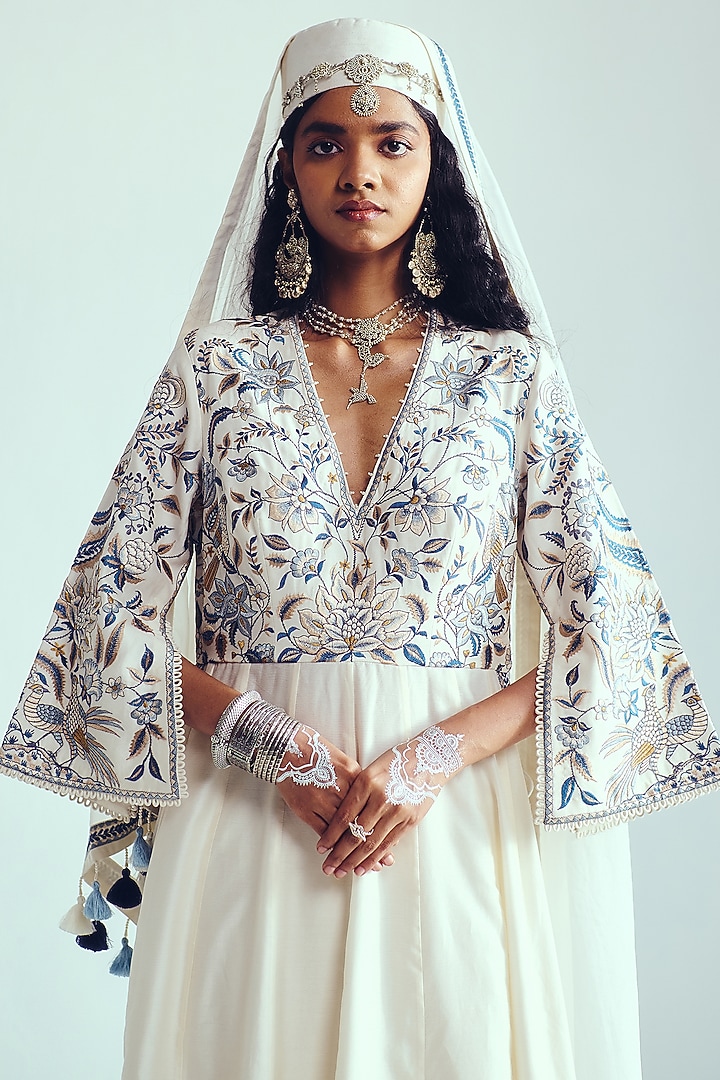 Ivory Chanderi Handloom Resham Embroidered Wedding Anarkali Set by Wabi Sabi at Pernia's Pop Up Shop