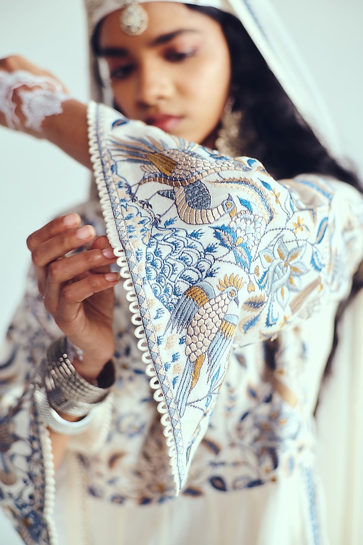 Ivory Chanderi Handloom Resham Embroidered Wedding Anarkali Set by Wabi Sabi at Pernia's Pop Up Shop
