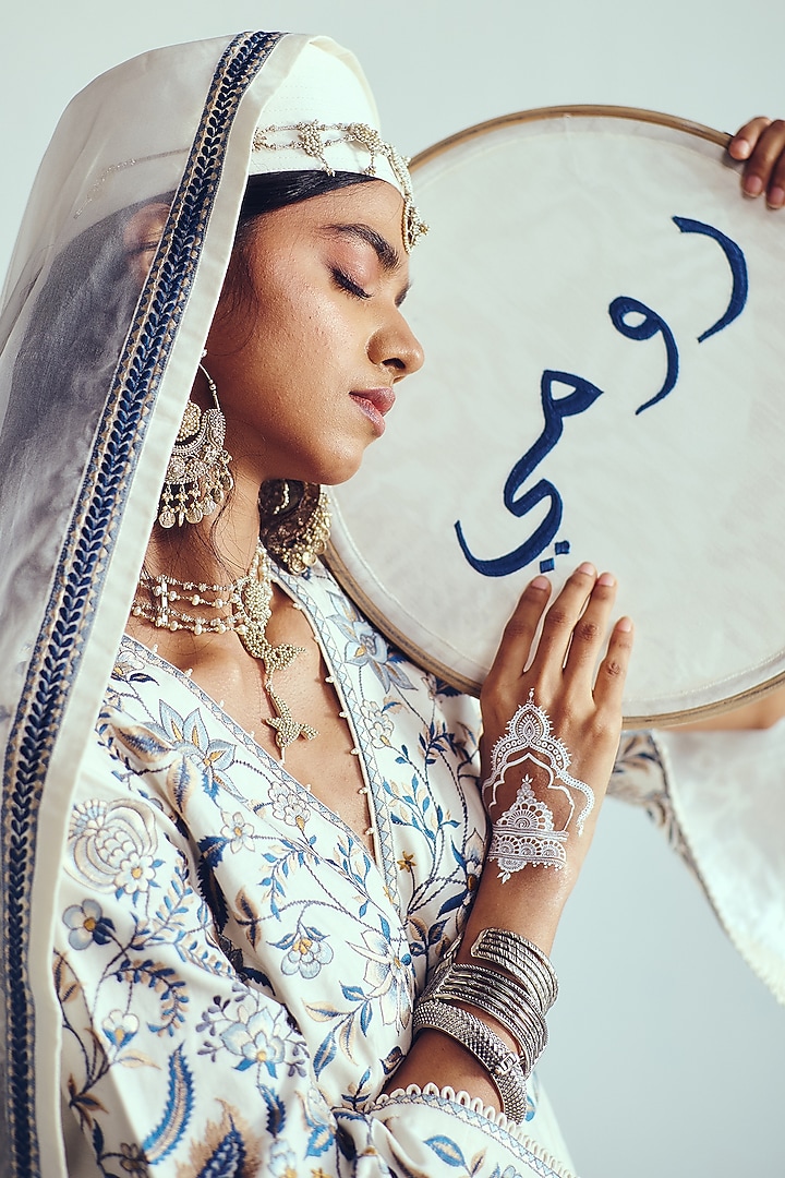 Ivory Chanderi Handloom Resham Embroidered Wedding Anarkali Set by Wabi Sabi at Pernia's Pop Up Shop