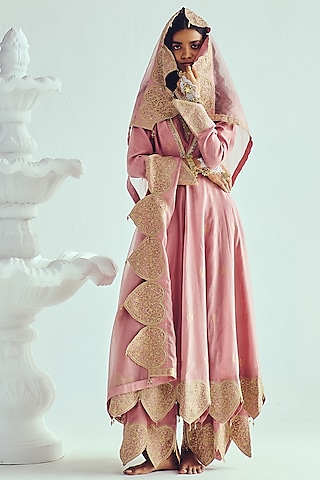 Old Rose Pink Chanderi Handloom Aari Embroidered Anarkali Set by Wabi Sabi