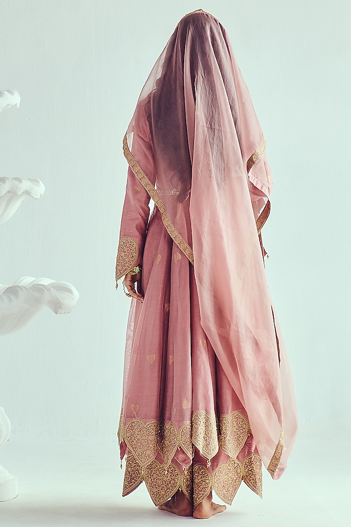 Old Rose Pink Chanderi Handloom Aari Embroidered Bridal Anarkali Set by Wabi Sabi at Pernia's Pop Up Shop