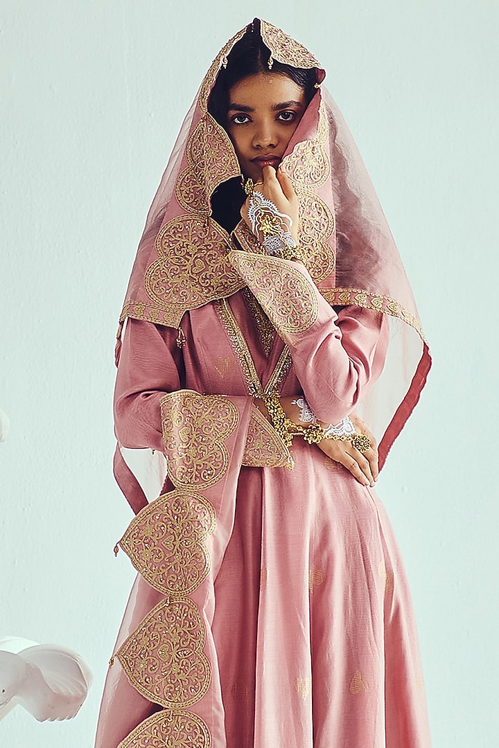 Old Rose Pink Chanderi Handloom Aari Embroidered Bridal Anarkali Set by Wabi Sabi at Pernia's Pop Up Shop
