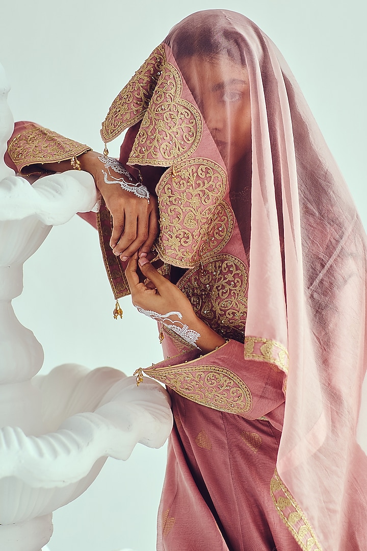 Old Rose Pink Chanderi Handloom Aari Embroidered Bridal Anarkali Set by Wabi Sabi at Pernia's Pop Up Shop