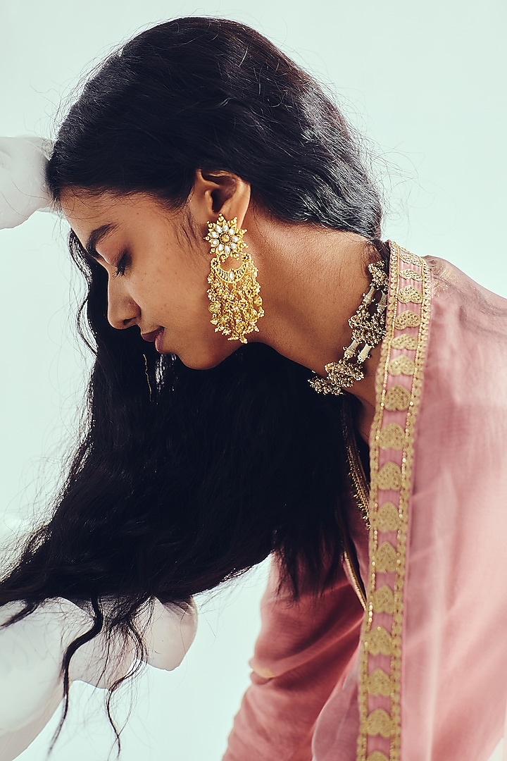 Old Rose Pink Chanderi Handloom Aari Embroidered Bridal Anarkali Set by Wabi Sabi at Pernia's Pop Up Shop
