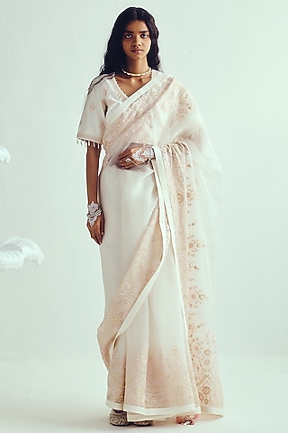 Ivory Organza Silk Aari Embroidered Saree Set by Wabi Sabi