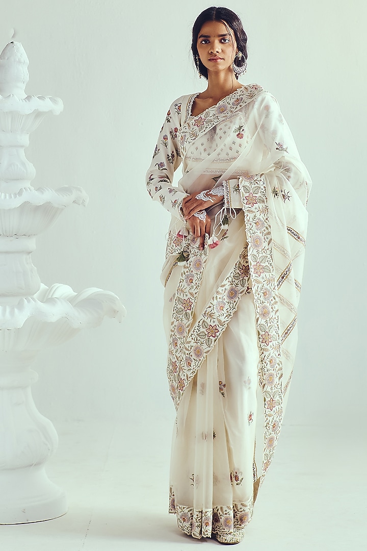 Ivory Organza Resham Embroidered Reception Saree Set by Wabi Sabi at Pernia's Pop Up Shop