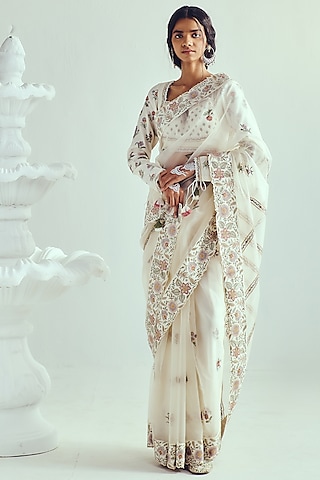 Ivory Organza Resham Embroidered Saree Set by Wabi Sabi