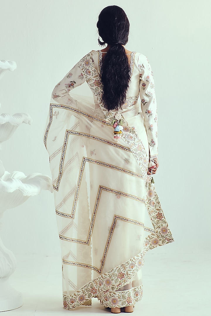 Ivory Organza Resham Embroidered Reception Saree Set by Wabi Sabi at Pernia's Pop Up Shop
