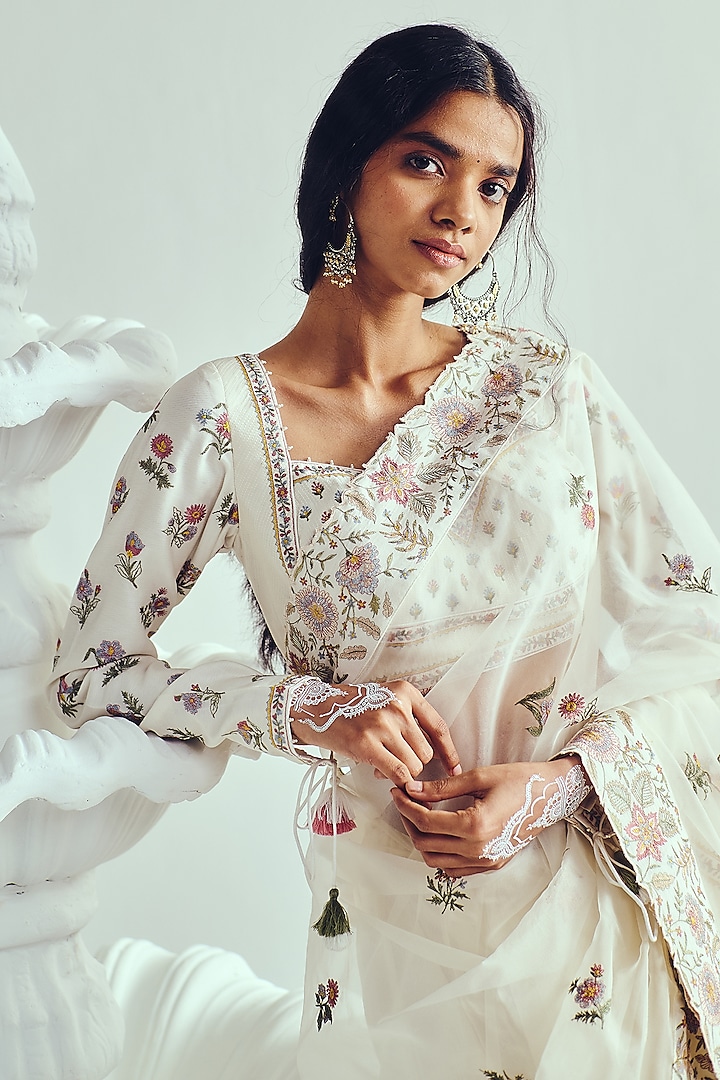 Ivory Organza Resham Embroidered Reception Saree Set by Wabi Sabi at Pernia's Pop Up Shop