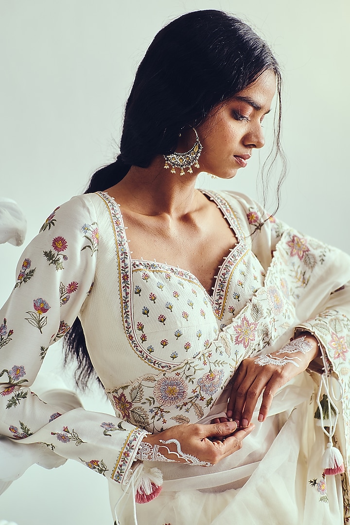 Ivory Organza Resham Embroidered Reception Saree Set by Wabi Sabi at Pernia's Pop Up Shop