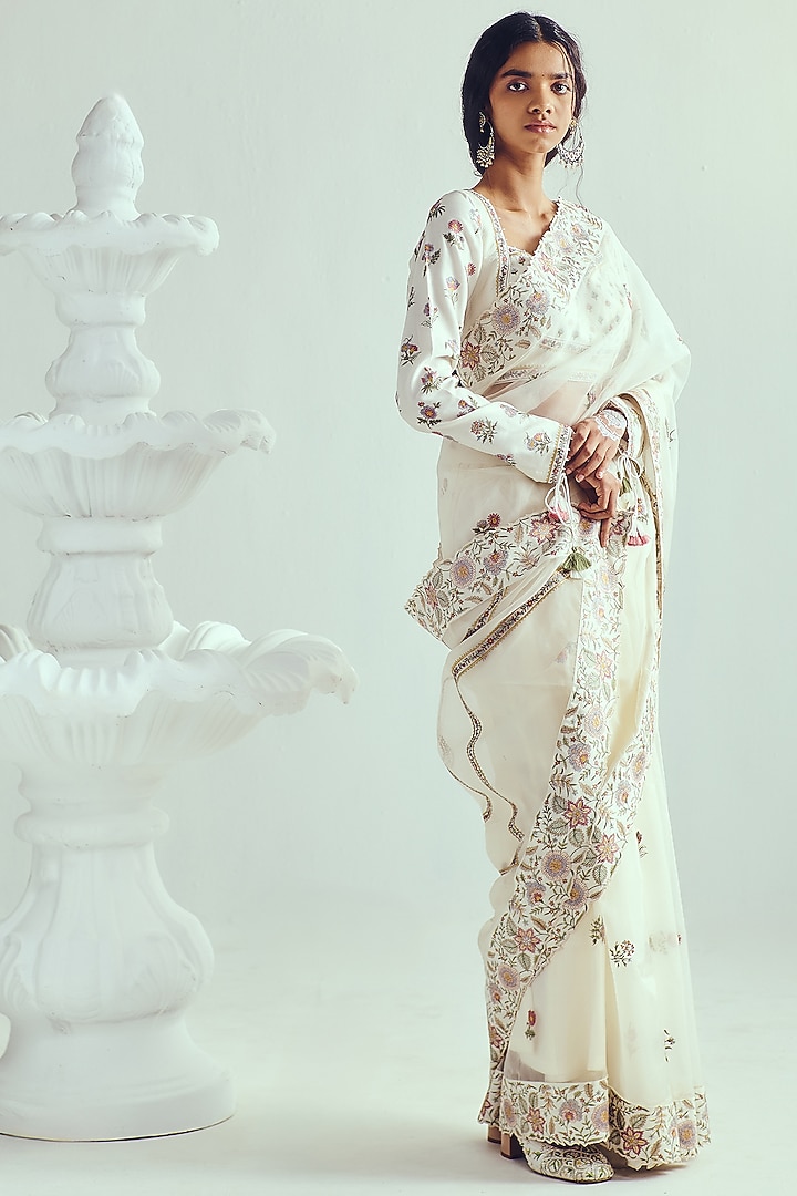 Ivory Organza Resham Embroidered Reception Saree Set by Wabi Sabi at Pernia's Pop Up Shop