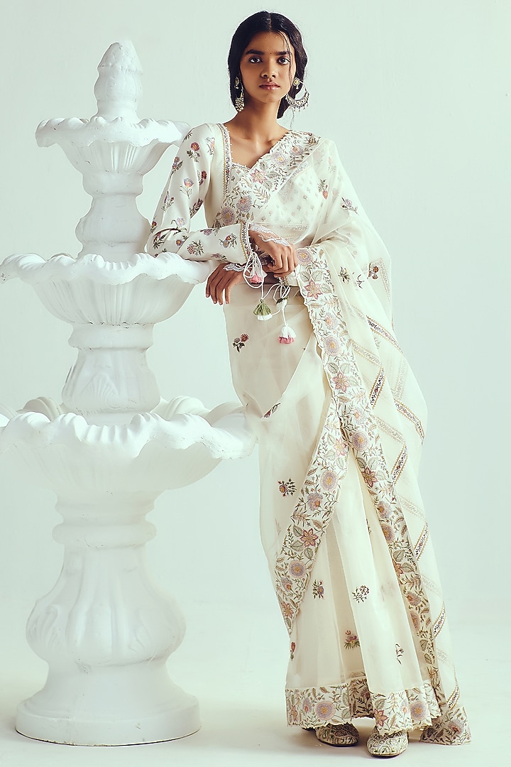 Ivory Organza Resham Embroidered Reception Saree Set by Wabi Sabi at Pernia's Pop Up Shop