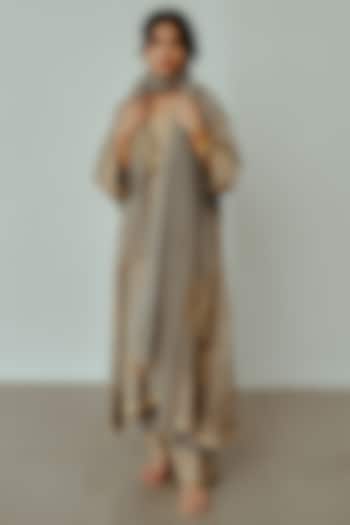 Smokey Grey Chanderi Handloom Hand Embroidered Kaftan Set by Wabi Sabi at Pernia's Pop Up Shop