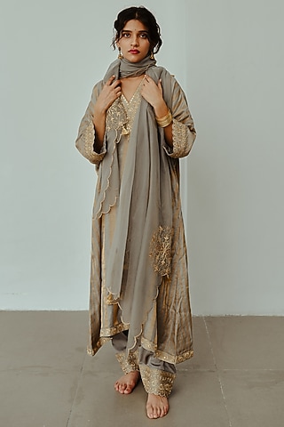 Smokey Grey Chanderi Handloom Hand Embroidered Kaftan Set by Wabi Sabi