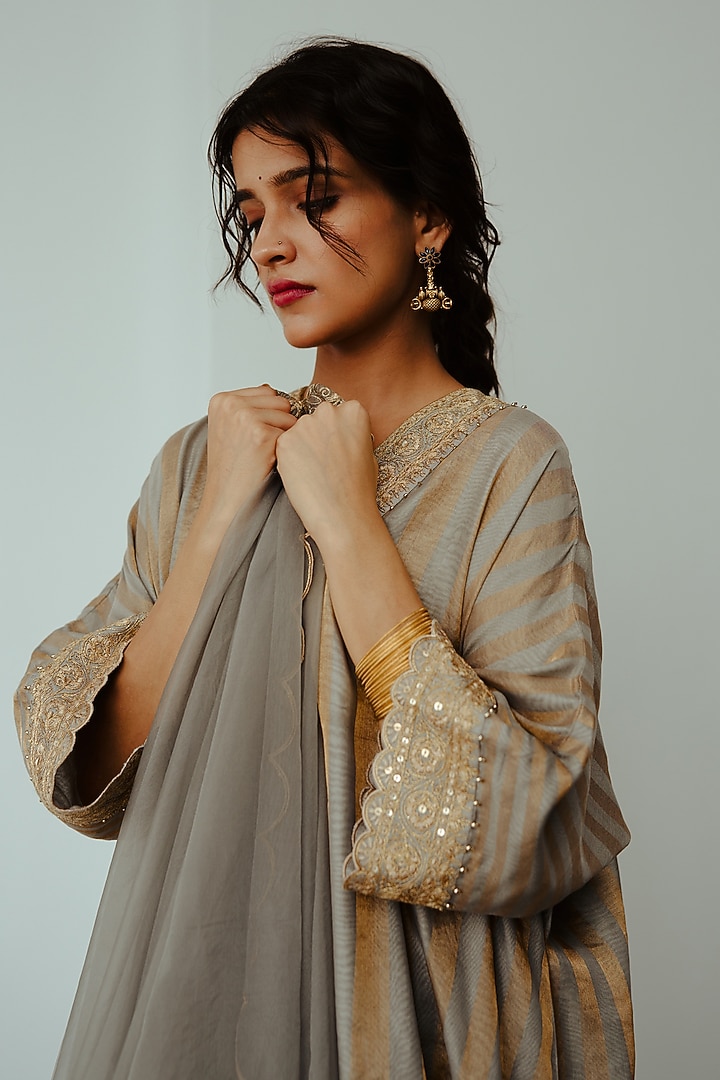 Smokey Grey Chanderi Handloom Hand Embroidered Kaftan Set by Wabi Sabi at Pernia's Pop Up Shop