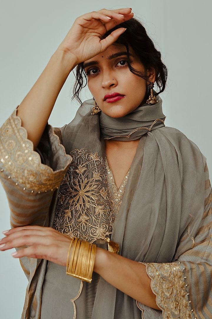 Smokey Grey Chanderi Handloom Hand Embroidered Kaftan Set by Wabi Sabi at Pernia's Pop Up Shop