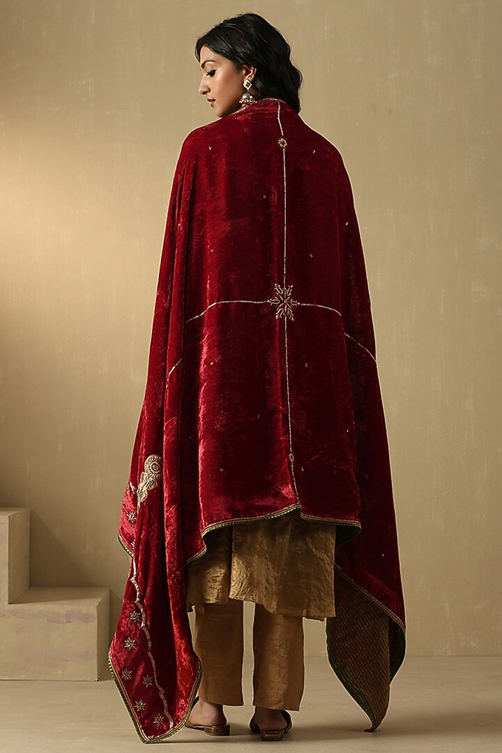Red & Maroon Silk Velvet Hand Embroidered Dushala by Weaverstory at Pernia's Pop Up Shop