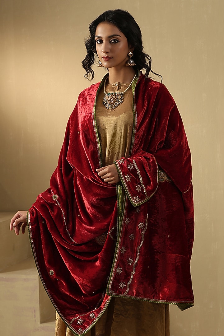 Red & Maroon Silk Velvet Hand Embroidered Dushala by Weaverstory at Pernia's Pop Up Shop