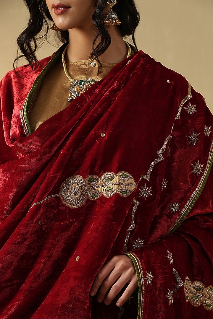 Red & Maroon Silk Velvet Hand Embroidered Dushala by Weaverstory at Pernia's Pop Up Shop