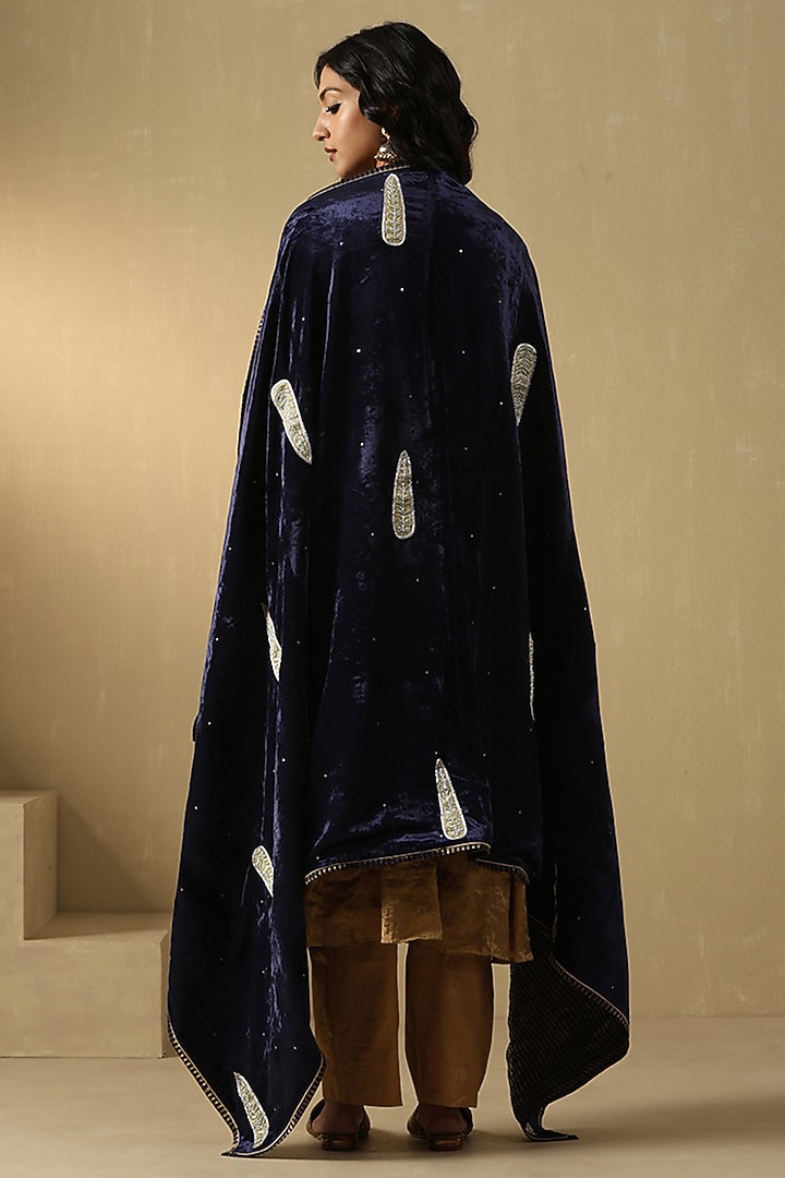 Navy Blue Silk Velvet Hand Embroidered Dushala by Weaverstory at Pernia's Pop Up Shop