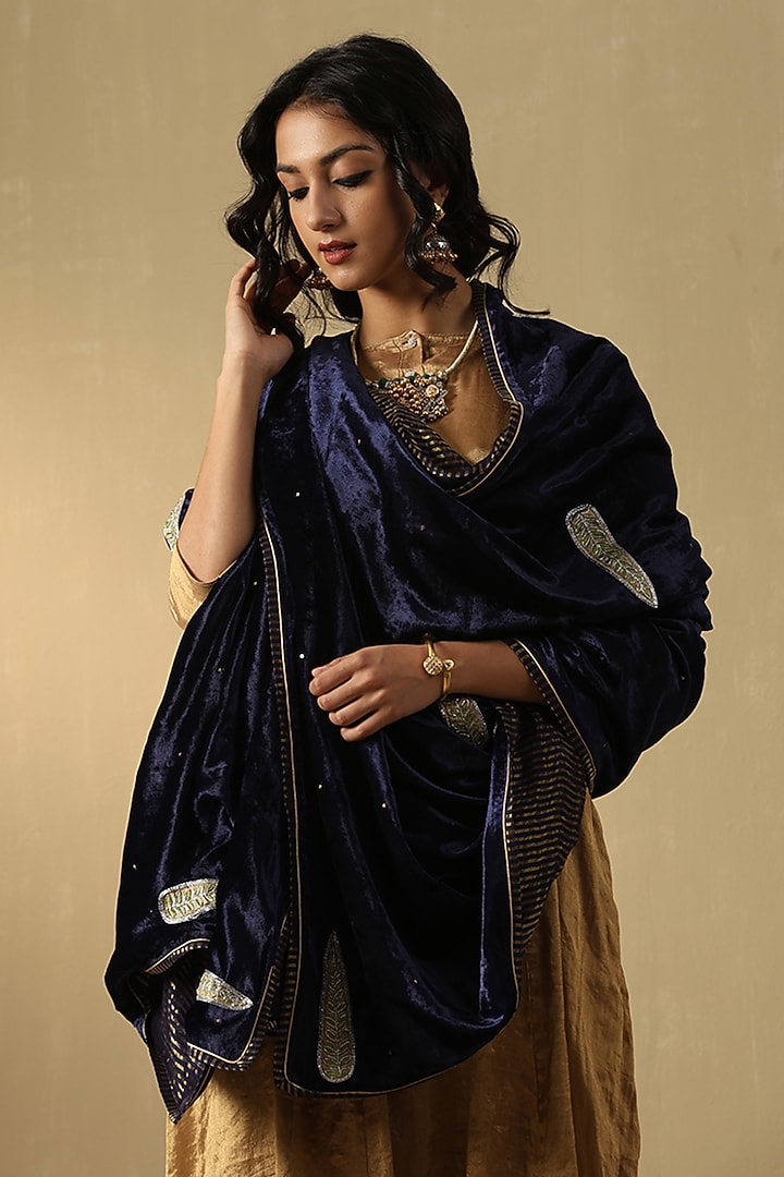 Navy Blue Silk Velvet Hand Embroidered Dushala by Weaverstory at Pernia's Pop Up Shop