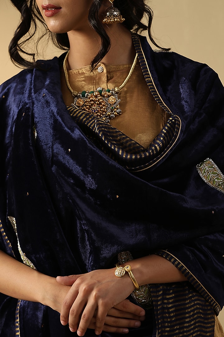 Navy Blue Silk Velvet Hand Embroidered Dushala by Weaverstory at Pernia's Pop Up Shop