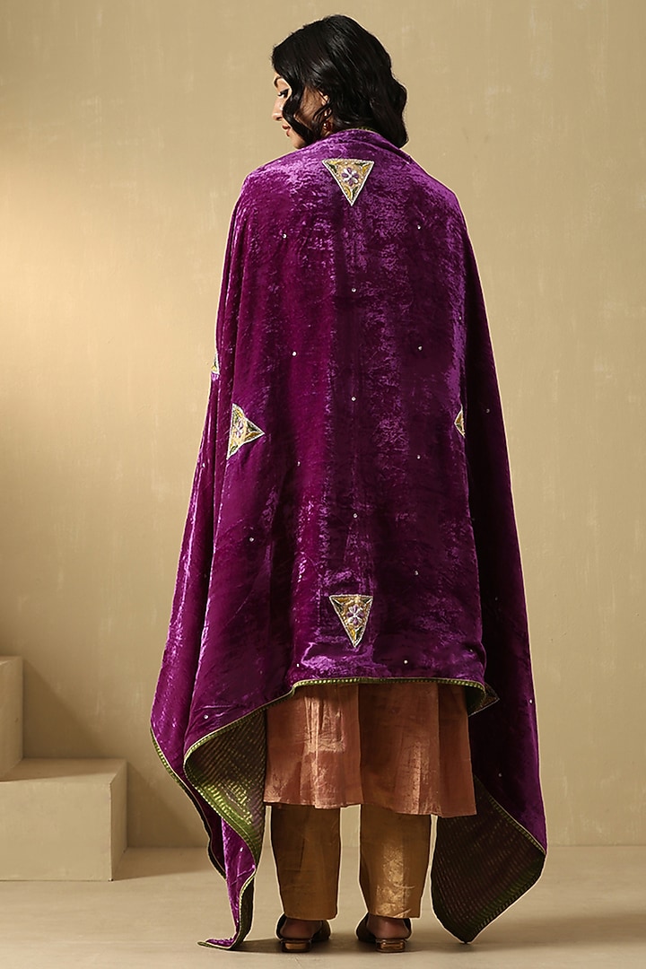 Purple-Mauve Silk Velvet Hand Embroidered Dushala by Weaverstory at Pernia's Pop Up Shop