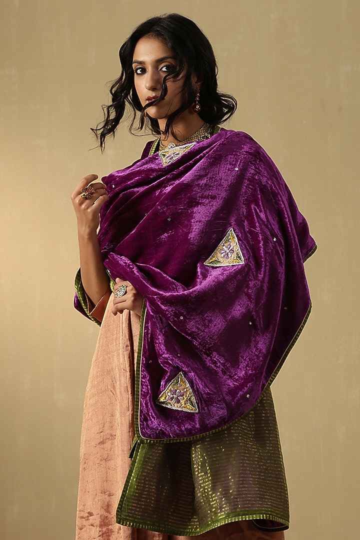 Purple-Mauve Silk Velvet Hand Embroidered Dushala by Weaverstory at Pernia's Pop Up Shop