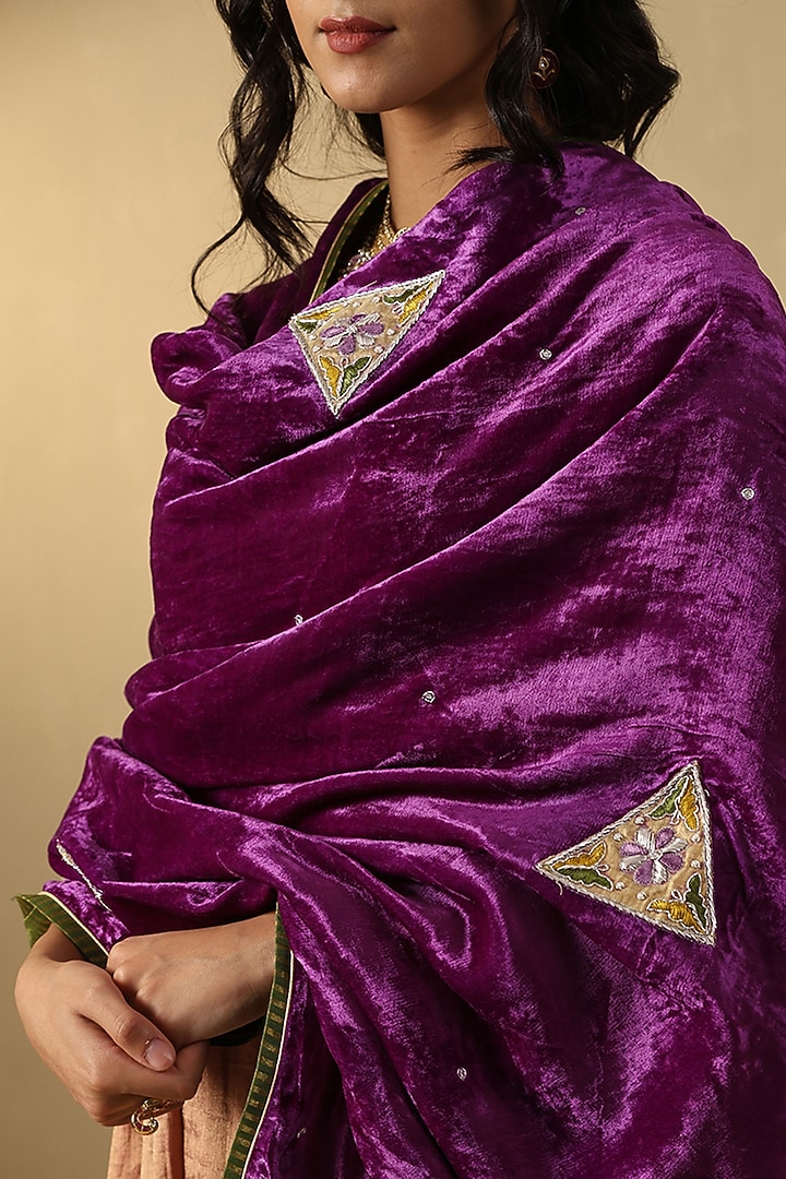 Purple-Mauve Silk Velvet Hand Embroidered Dushala by Weaverstory at Pernia's Pop Up Shop