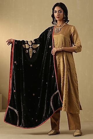 Black Silk Velvet Hand Embroidered Dushala by Weaverstory