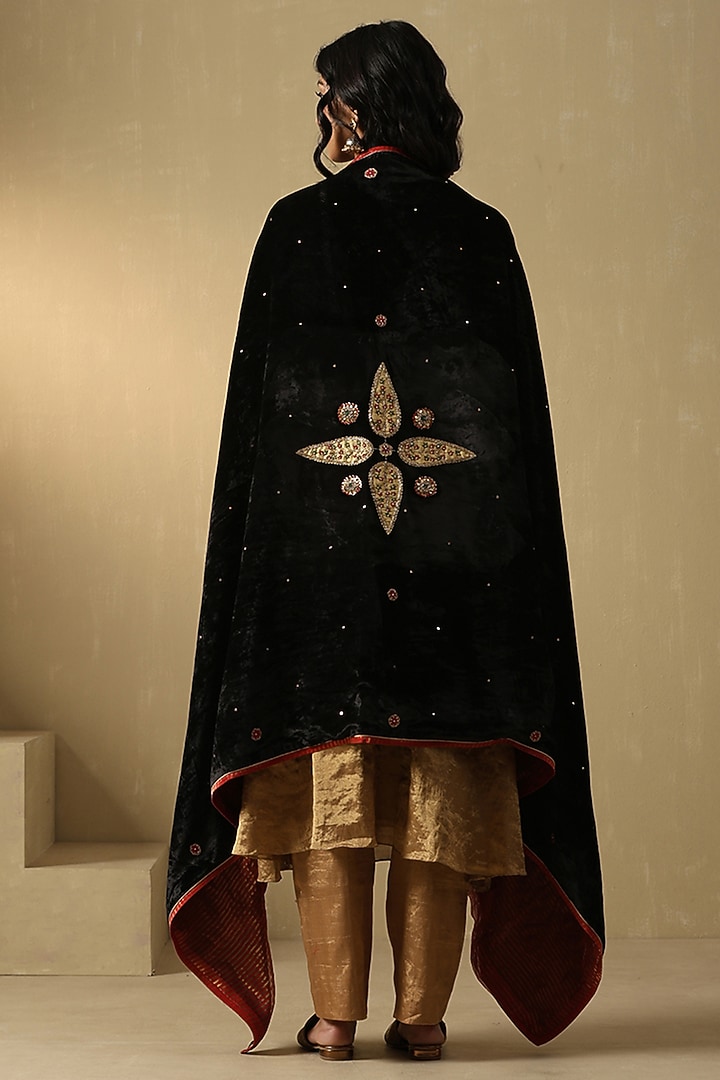 Black Silk Velvet Hand Embroidered Dushala by Weaverstory at Pernia's Pop Up Shop