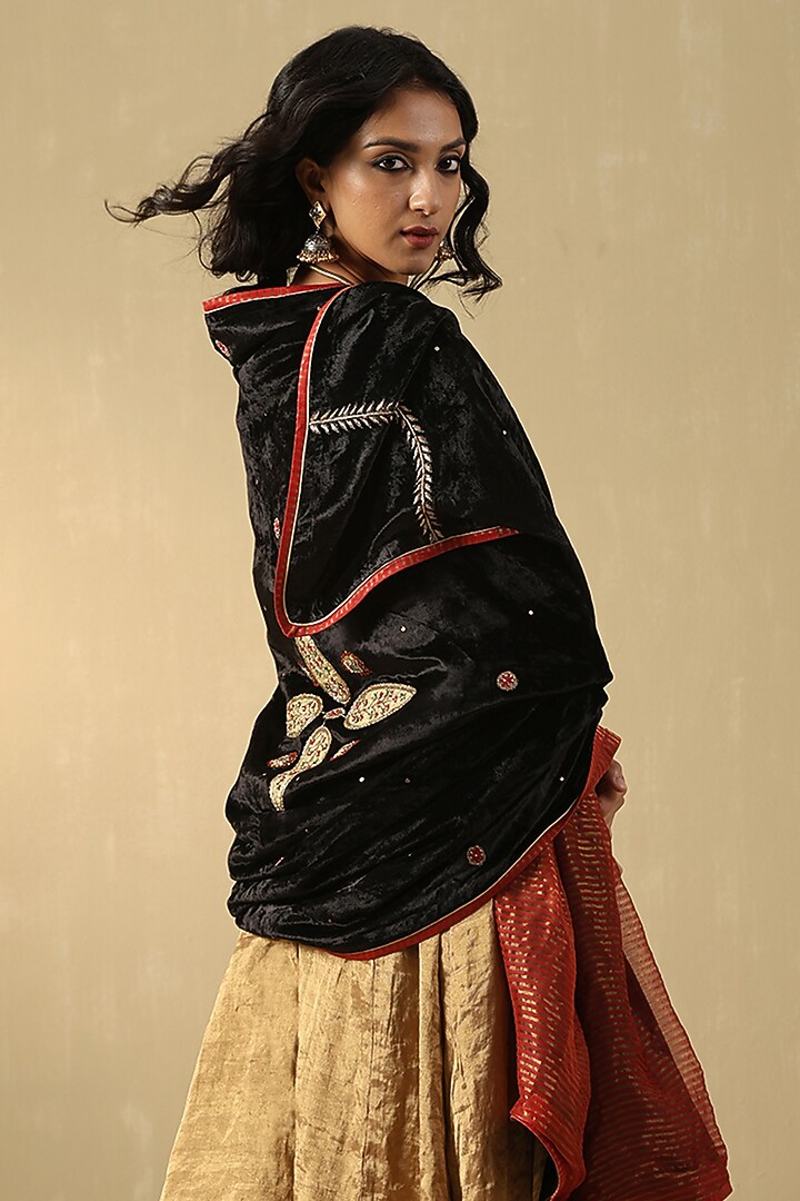 Black Silk Velvet Hand Embroidered Dushala by Weaverstory at Pernia's Pop Up Shop