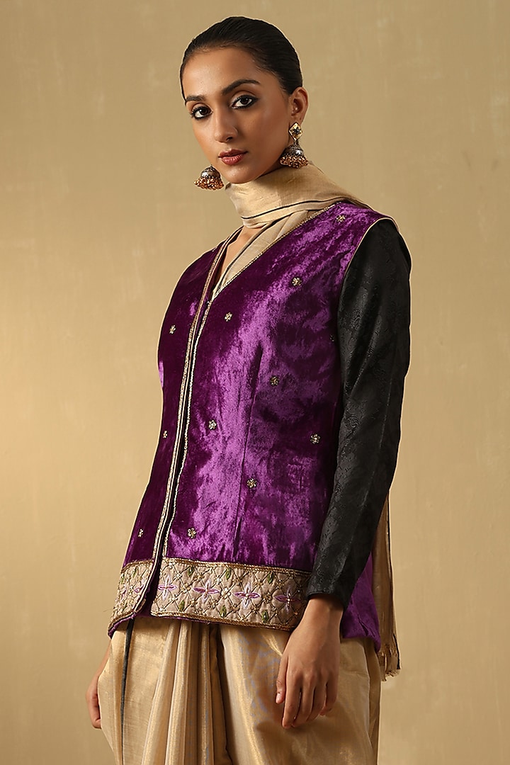 Purple Silk Velvet Hand Embroidered Sleeveless Jacket by Weaverstory at Pernia's Pop Up Shop