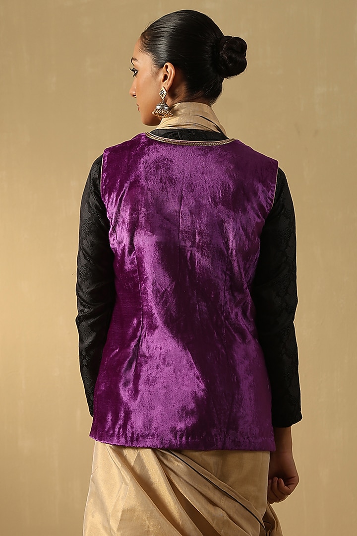 Purple Silk Velvet Hand Embroidered Sleeveless Jacket by Weaverstory at Pernia's Pop Up Shop