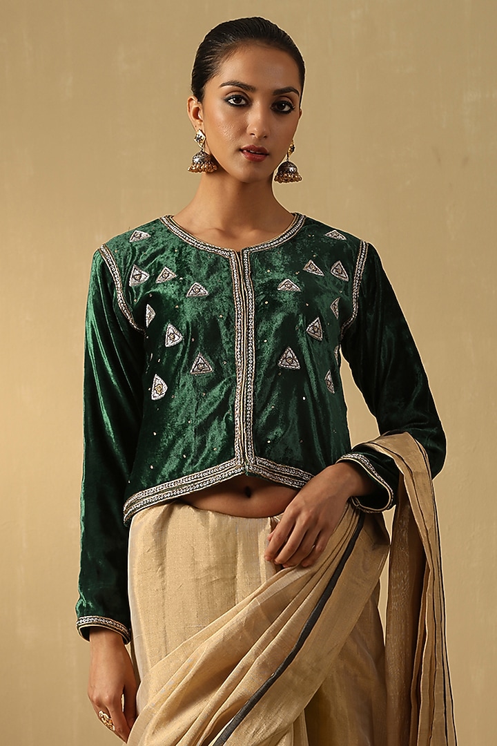 Deep Green Velvet Hand Embroidered Crop Jacket by Weaverstory at Pernia's Pop Up Shop