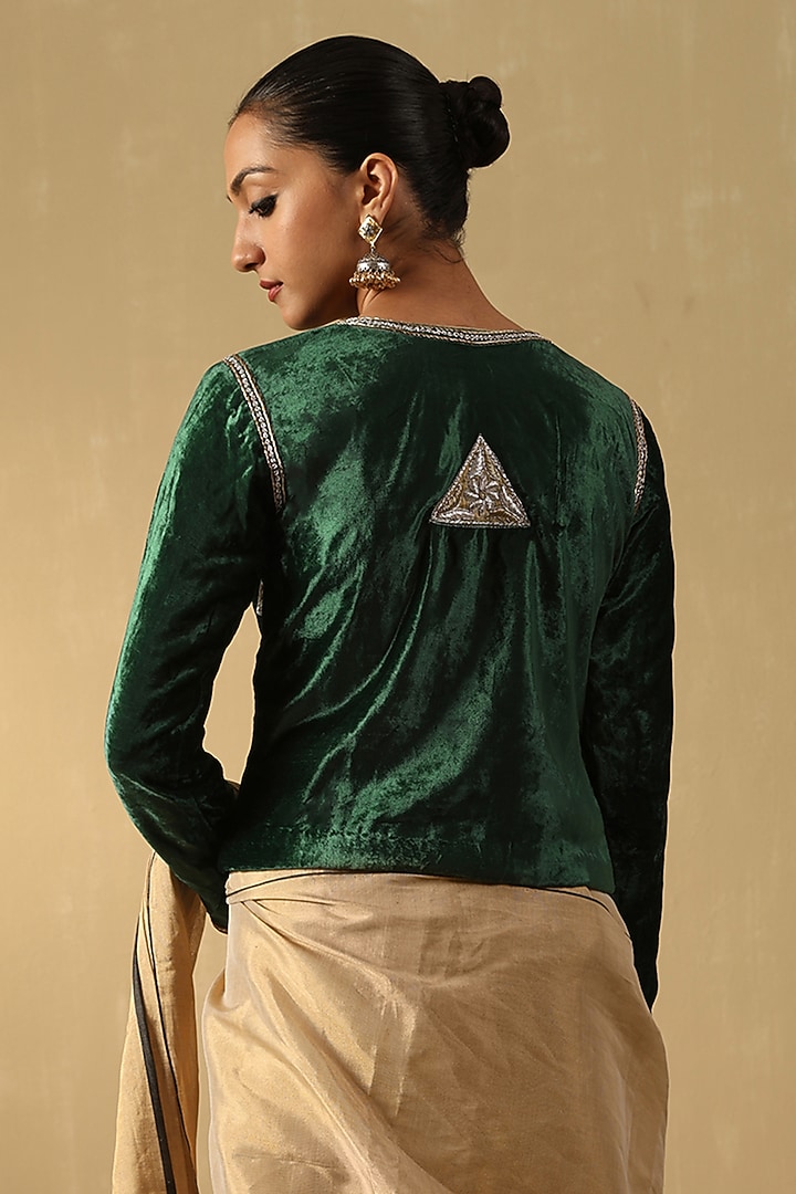 Deep Green Velvet Hand Embroidered Crop Jacket by Weaverstory at Pernia's Pop Up Shop