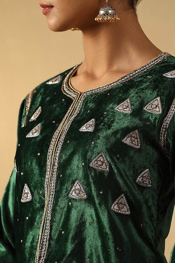 Deep Green Velvet Hand Embroidered Crop Jacket by Weaverstory at Pernia's Pop Up Shop