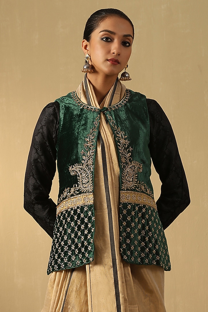Green Velvet Hand Embroidered Jacket by Weaverstory at Pernia's Pop Up Shop