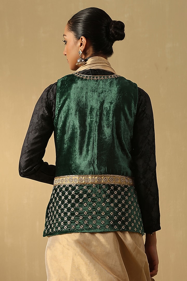 Green Velvet Hand Embroidered Jacket by Weaverstory at Pernia's Pop Up Shop