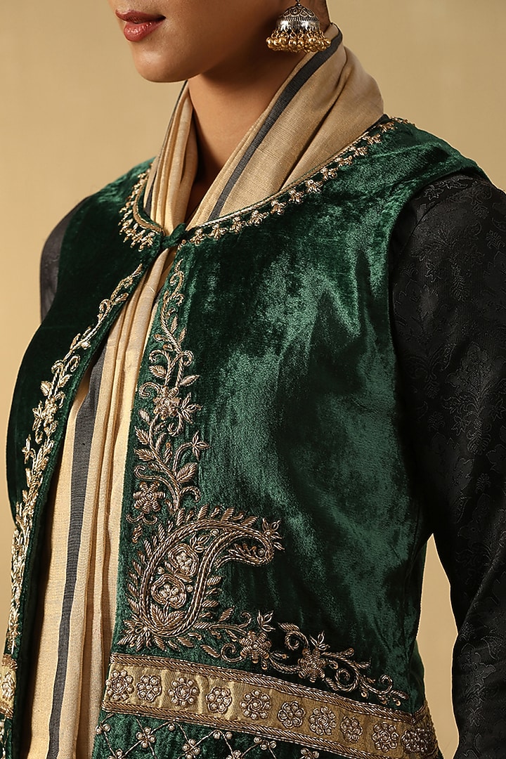 Green Velvet Hand Embroidered Jacket by Weaverstory at Pernia's Pop Up Shop