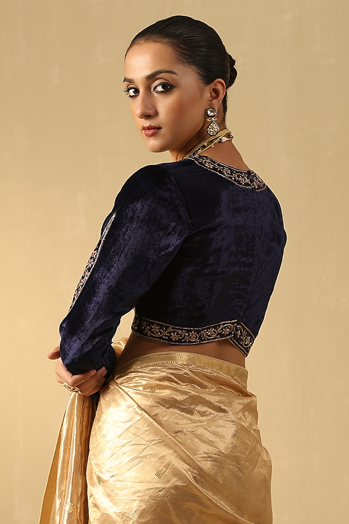 Navy Blue Silk Velvet Hand Embroidered Blouse by Weaverstory at Pernia's Pop Up Shop