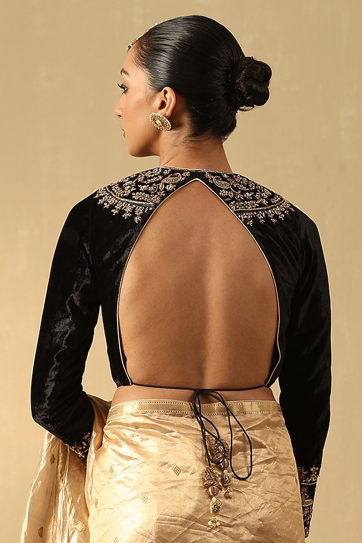 Black Silk Velvet Hand Embroidered Blouse by Weaverstory at Pernia's Pop Up Shop