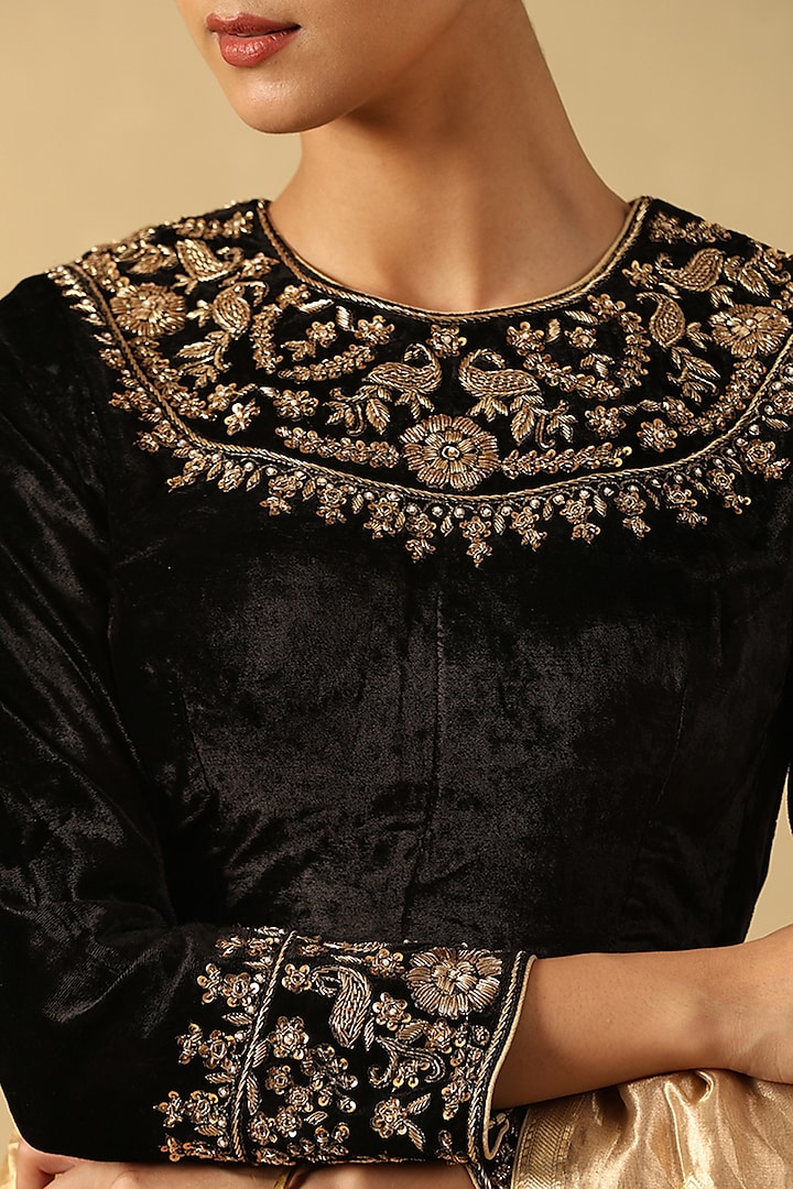 Black Silk Velvet Hand Embroidered Blouse by Weaverstory at Pernia's Pop Up Shop