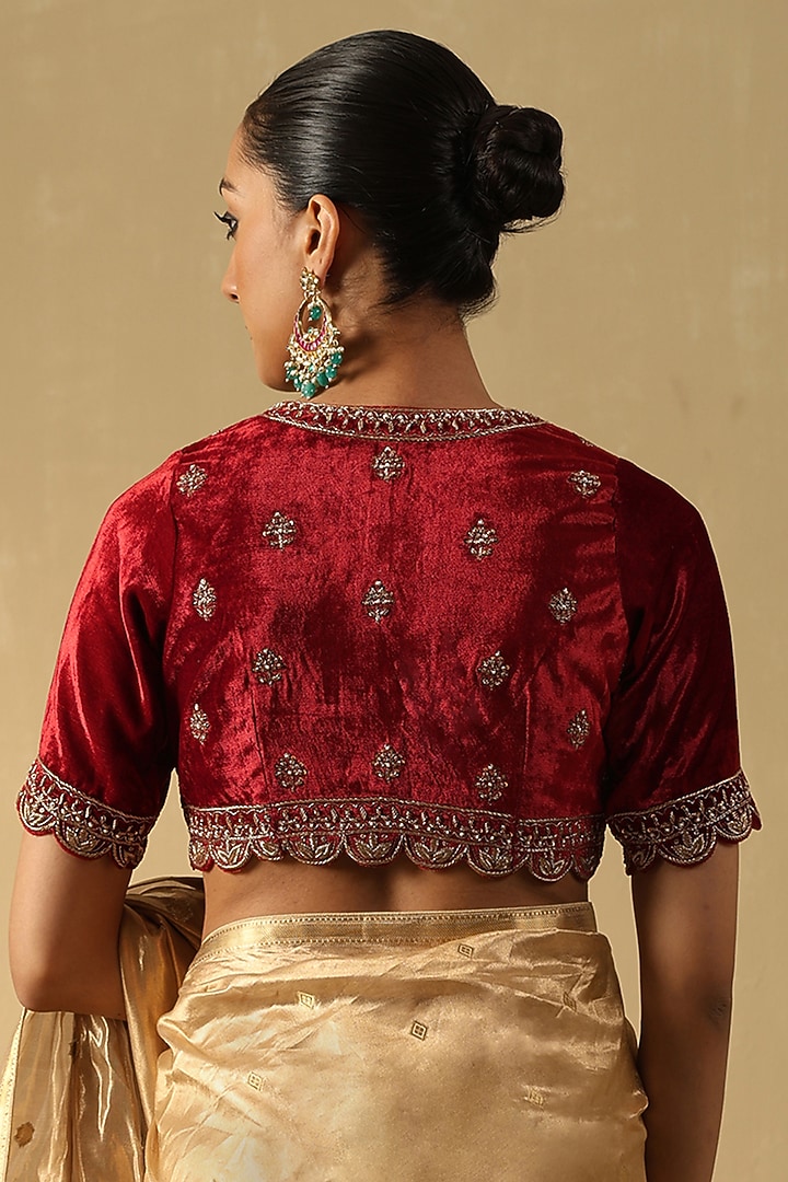 Rust Maroon Silk Velvet Hand Embroidered Blouse by Weaverstory at Pernia's Pop Up Shop
