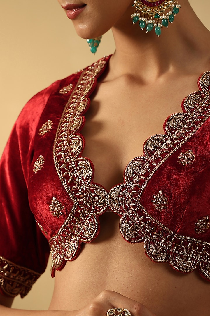 Rust Maroon Silk Velvet Hand Embroidered Blouse by Weaverstory at Pernia's Pop Up Shop