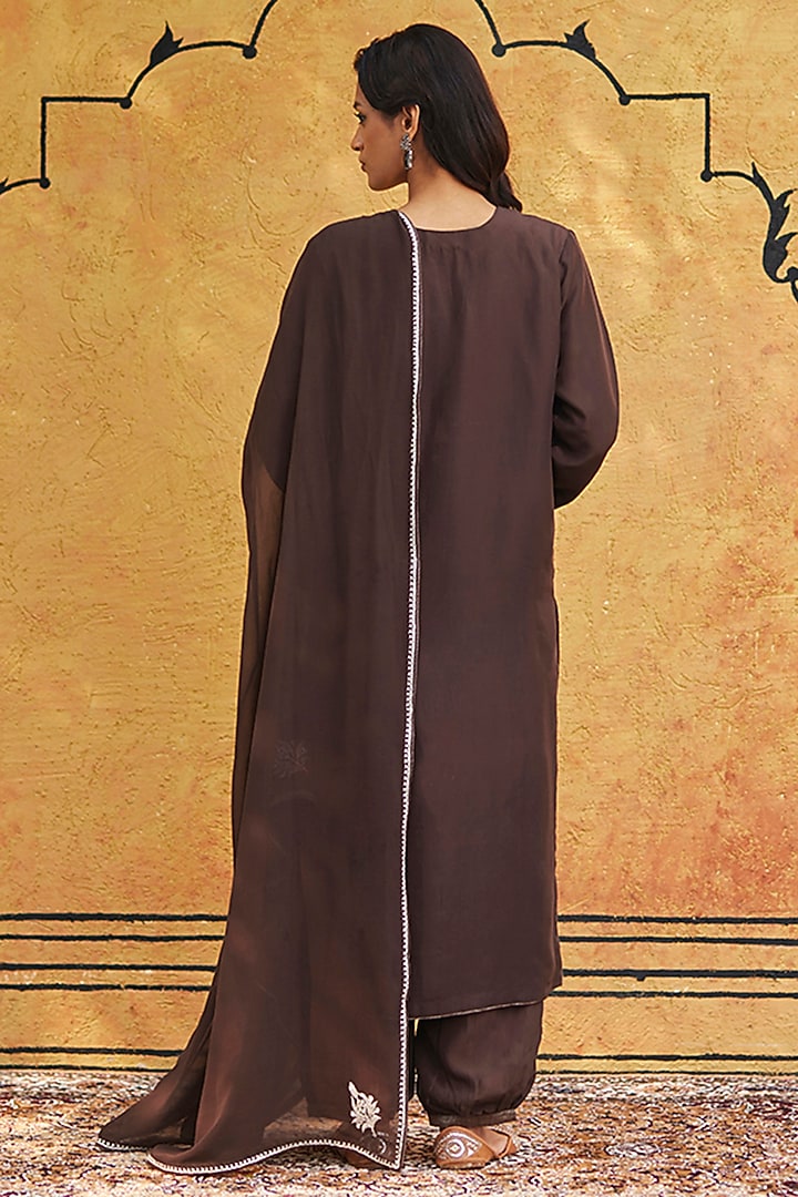 Brown Pure Silk Hand Embroidered Kurta Set by Weaverstory at Pernia's Pop Up Shop