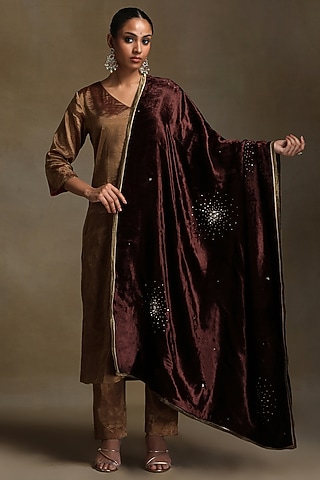 Brown Silk Velvet Hand Embroidered Dushala by Weaverstory