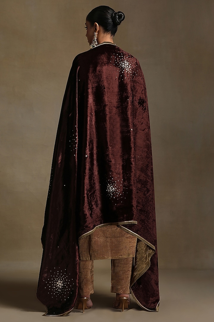Brown Silk Velvet Hand Embroidered Dushala by Weaverstory at Pernia's Pop Up Shop